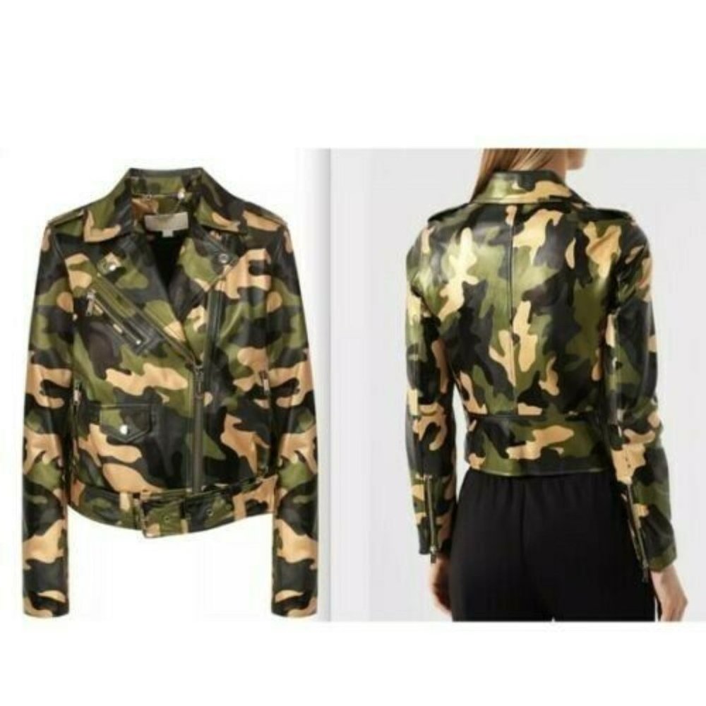 New MICHAEL KORS Camo Moto Faux Leather Jacket